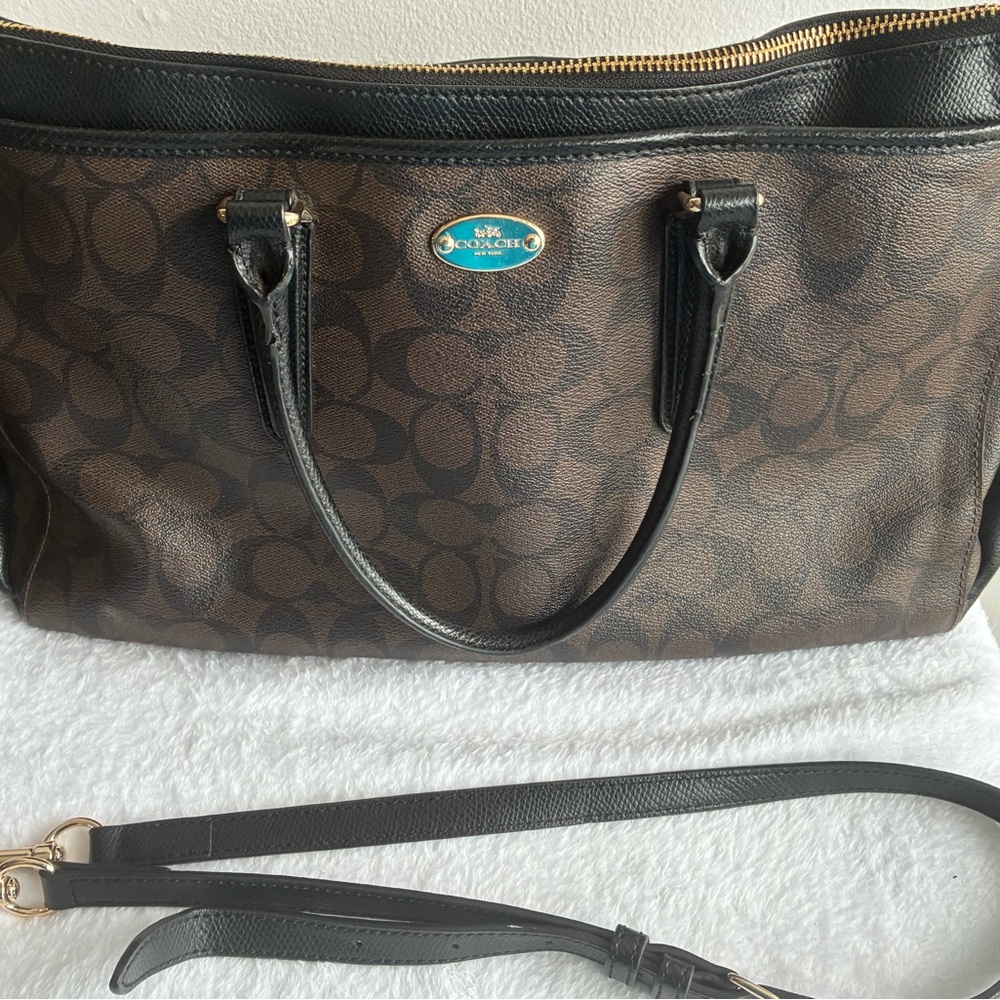 Coach Brown Signature Canvas Tote with Black Leather Trim